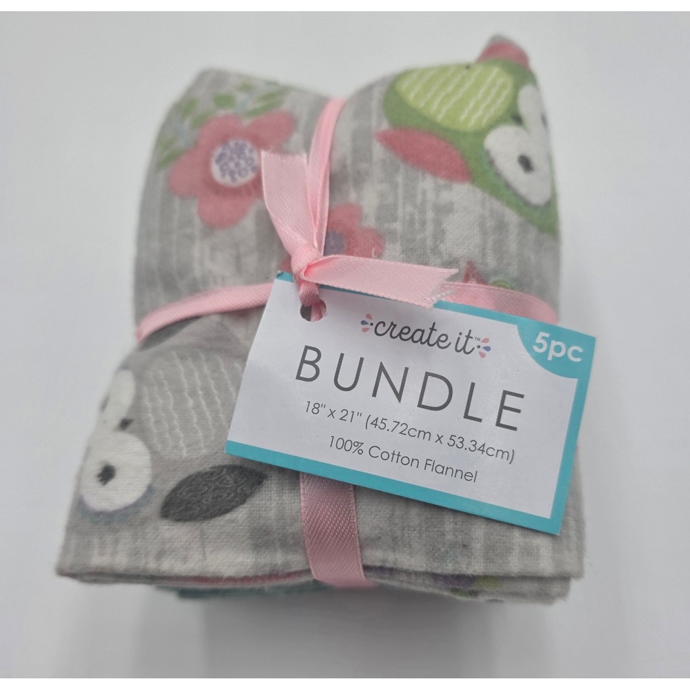 Create It Hootsie Cotton Flannel Fabric Bundle 5pc Owls Floral 18x21